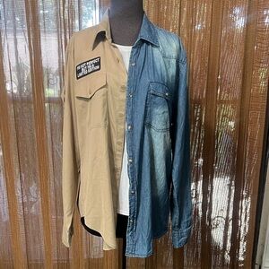 Upcycled Two-Tone Tan and Blue Unisex Shirt